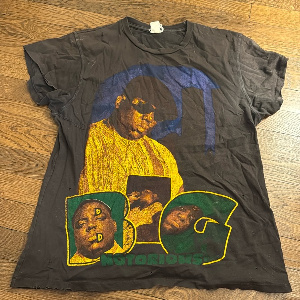 Distressed notorious big t shirt. 100 percent cotton